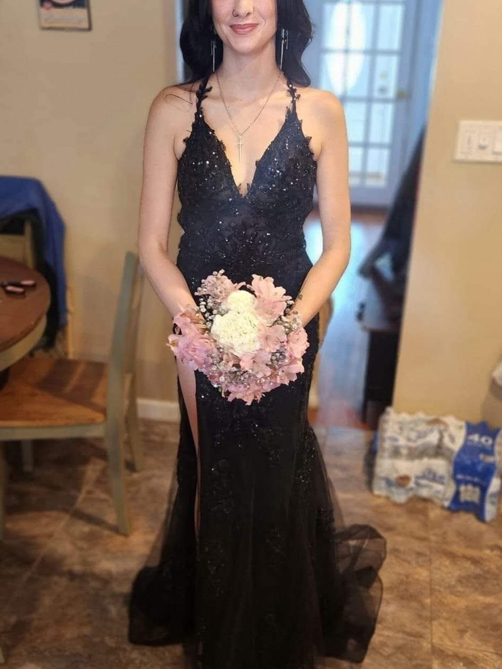 La Femme Black Beaded V-Neck Evening Dress